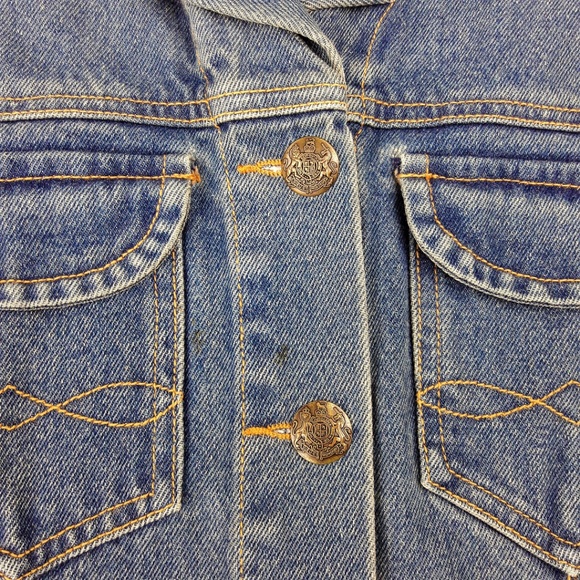 dup CAbi Jean Denim Jacket Gold Tapestry Brocade Sleeves Pockets S - Picture 5 of 8